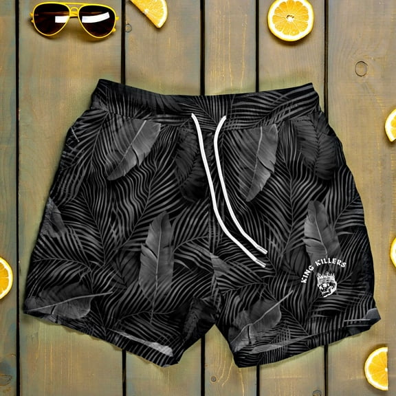 Black Palm Leaf Swim Trunks For Men