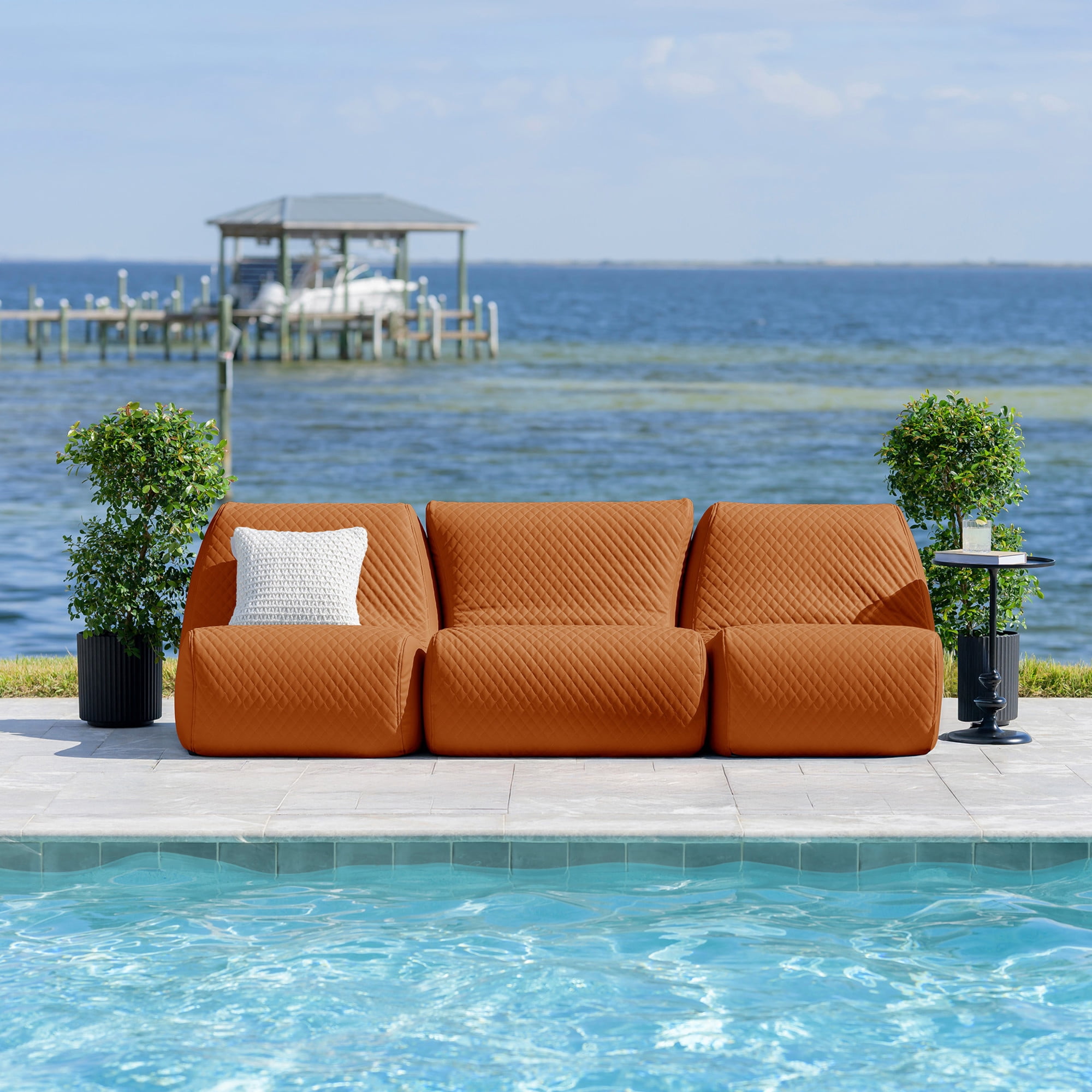 Big Joe Solvana Outdoor Sectional, 3 Piece Patio Furniture Set, Weather-Resistant Cool Touch Silicone Stitched Leather Sofa, Honey Sand