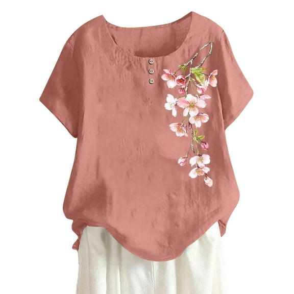 AKOEE Linen Shirts for Women with Buttons Dandelion Print Loose T-shirts Plus Size Short Sleeve Summer Tops (XL, Pink 02)