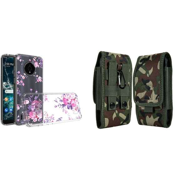 Case and Pouch Bundle for Nokia C200: Slim Series TPU Protector Case (Pink Flowers) and Vertical Rugged Nylon Belt Holster (Green Camo)