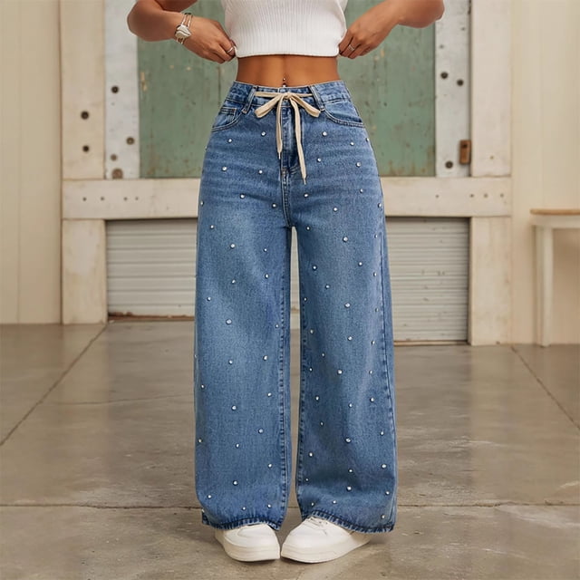 Tnhcen Jeans Rétro Taille Haute à Jambe Droite pour Femmes avec Poches Cargo et Cordon – Pantalon en Denim Extensible TP-TG