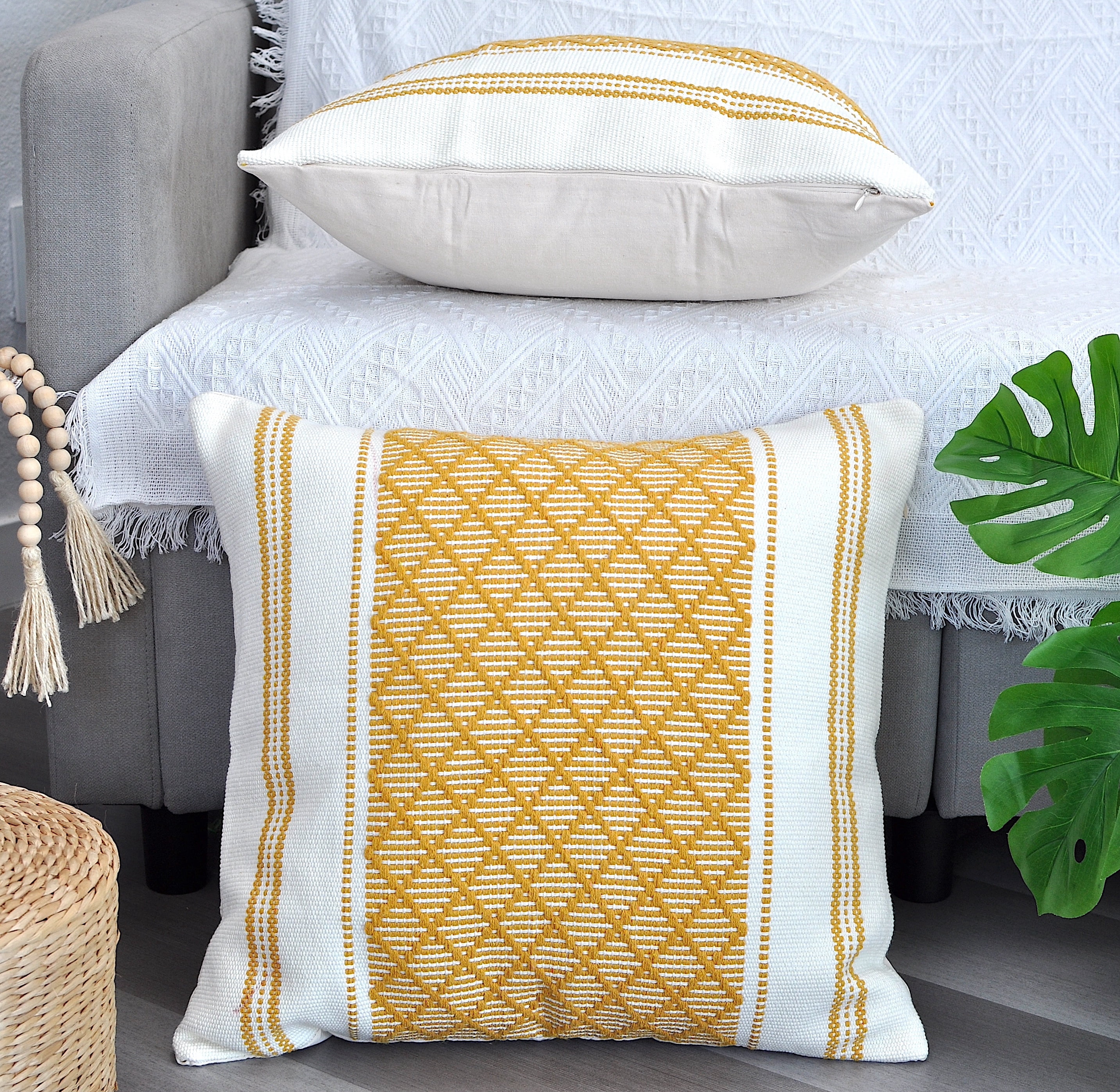 Cotton Woven Designer Throw Pillow Cover, Mustard Yellow & Off White, 20 x 20 inches | Square Cushion Covers with Geometric Design Set of 2