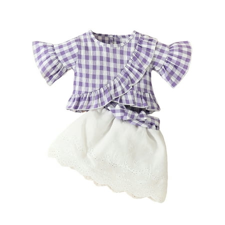 

Bagilaanoe 2Pcs Toddler Baby Girls Skirt Set Plaid Short Sleeve Ruffle Tops + Skirt 3M 6M 9M 12M 18M 24M 3T Kids Casual Outfits