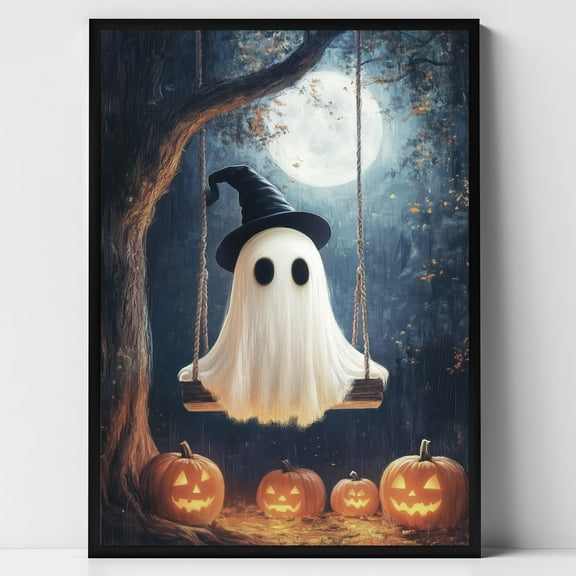 WestConfe Cute Halloween Ghost on The Swing Print, Vintage Spooky Forest Halloween Wall Art, Gothic Fall Painting