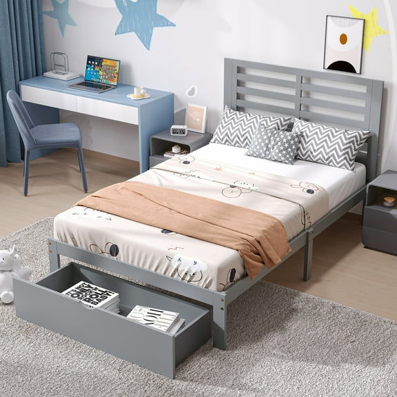 Twin Bed Frame with Storage Drawer, UHOMEPRO Heavy Duty Wood Platform Bed Frame with Headboard, Space Saving, Twin Size Bed Frame for Teens Adults, No Box Spring Needed, Gray