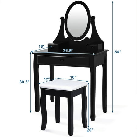 Gymax Bathroom Wooden Mirrored Makeup Vanity Set Stool Table Mirrored Makeup Vanity Set Stool Table
