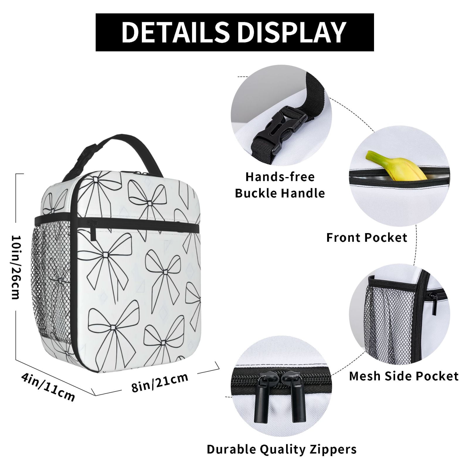 Lunch Bag For Women Men Insulated Portable Lunch Box Bento Box Office Picnic Travel Cooler Bag Modern Minimalist Thin Black And White Ribbon Bow Pattern