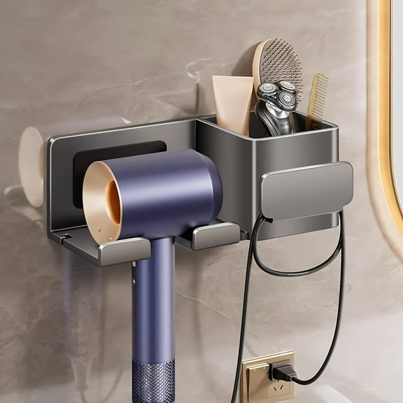 No-Drill Hair Dryer Holder for Bathroom Storage, Featuring a Winding Design And Shelf for Organization.