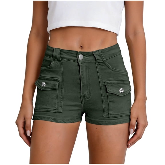Women's Cargo Shorts Multi Pocket Utility Jean Shorts Casual Streetwear Mid Rise Short Denim Pants Outdoor Summer Wear Olive Green S