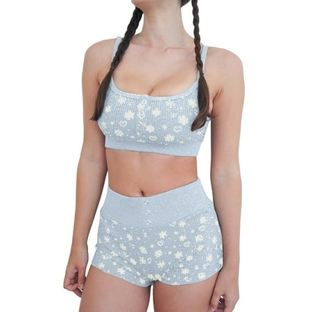 

Baycosin Shorts Set For Women Trendy Pullover Sleeveless Suspenders Print Navel Mid Waist Sleep Bottoms Pajama