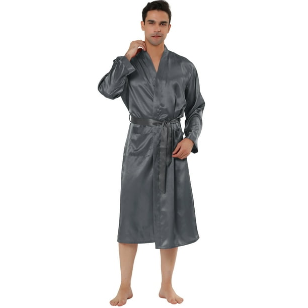 Bata de satén para hombre, camisón para dormir, camisón de manga larga para dormir, pijama, vestido, albornoz gris XXL