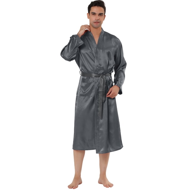 Bata de satén para hombre, camisón para dormir, camisón de manga larga para dormir, pijama, vestido, albornoz gris XXL