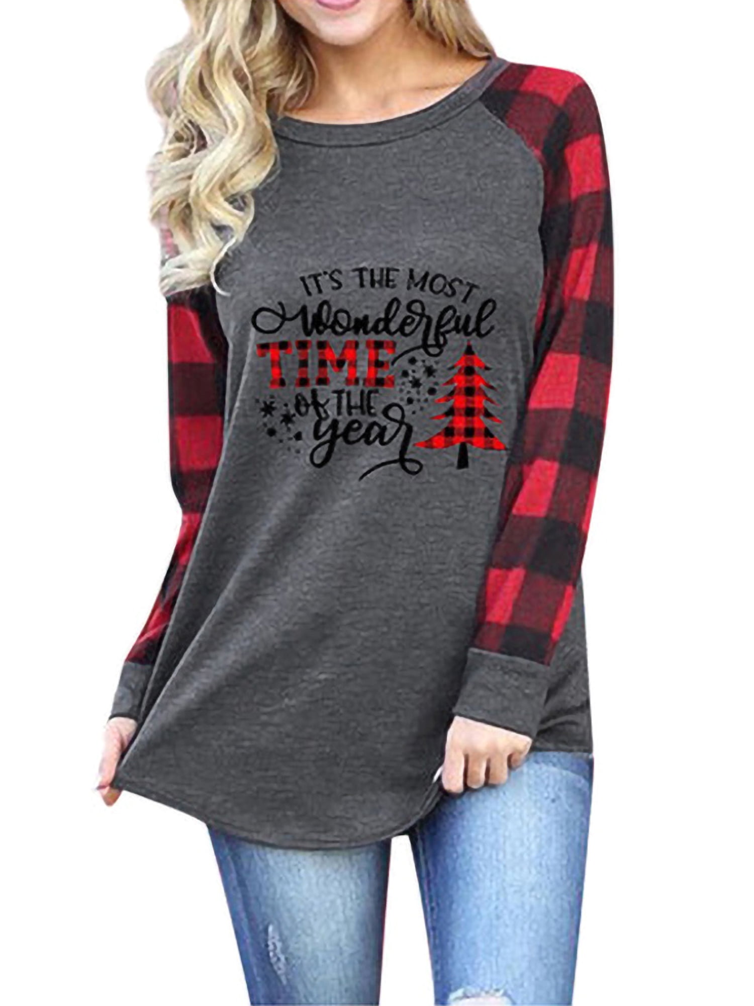 Merry Christmas Graphic T-Shirt Women Letter Printed Long 3//4 Sleeve Splicing Top