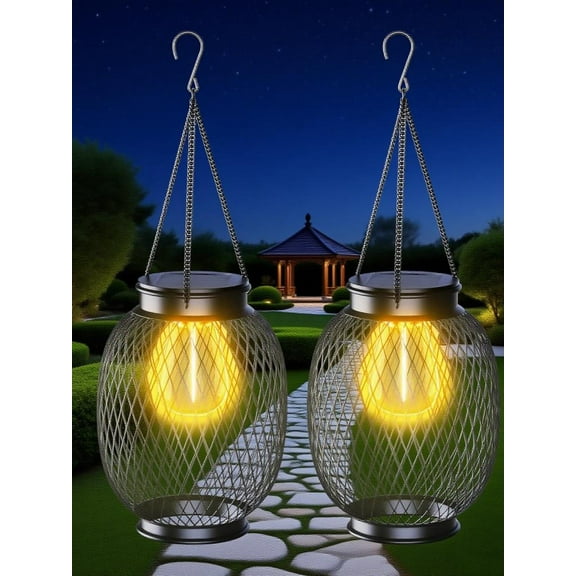 Solar Lanterns Outdoor Waterproof, Collasis 2 Pack Vintage Metal Solar Hanging Lanterns Outdoor with Hooks Solar Garden Decoration Lights Solar Lights Outdoor for Patio Balcony Yard Lawn, Black
