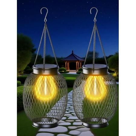 Solar Lanterns Outdoor Waterproof, Collasis 2 Pack Vintage Metal Solar Hanging Lanterns Outdoor with Hooks Solar Garden Decoration Lights Solar Lights Outdoor for Patio Balcony Yard Lawn, Black