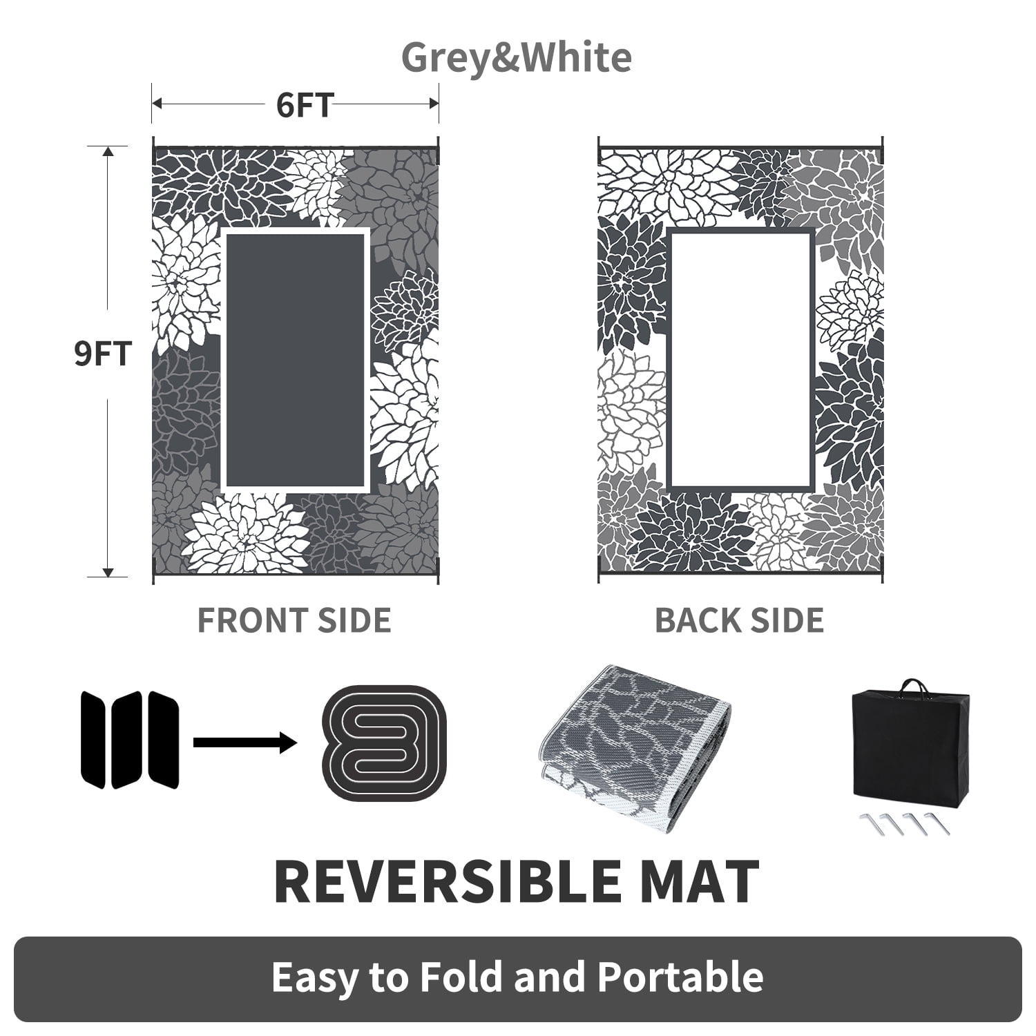 SIXHOME Outdoor Rug 6'x9' Waterproof Reversible Patio Rug Floral Border Plastic Straw Indoor Outdoor Rug for RV Camping Garden Picnic Beach Deck Backyard Porch Decor Dark Grey and White