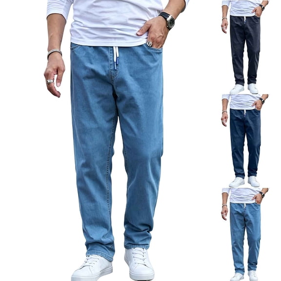 MexChoioe Mens Straight Leg Jean Pants Drawstring Elastic Waist Loose Casual Trousers for Fall Winter