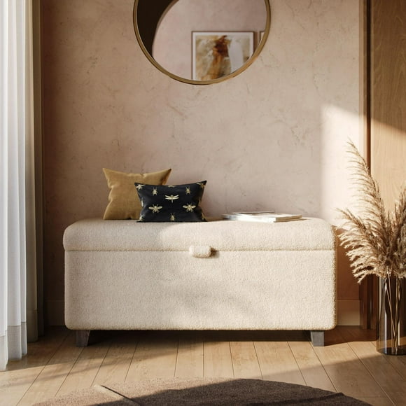 Corliving Liya Cream Boucle Storage Ottoman, Upholstered Modern Storage Bench for End of Bed, Cream Sherpa Bench, for Living Room, Entryway, Bedroom
