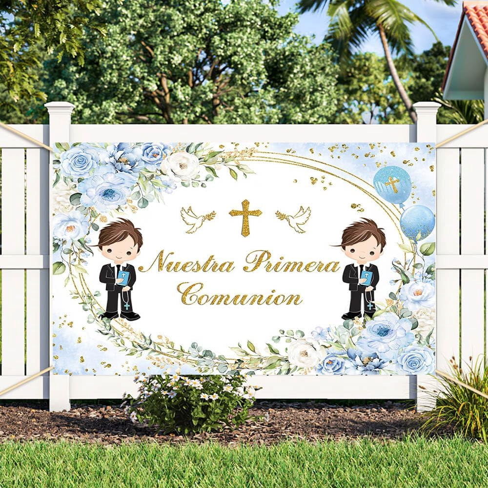 Fotohintergrund „Mi Primera Comunion“ 2,1x1,5m – Für Taufe, Kommunion, Baby-Party | Vinyl-Hintergrund, Party-Dekoration