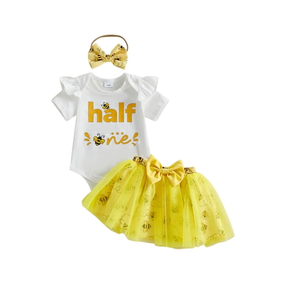 BemeyourBBs Infant Baby Girl 1/2 Half Birthday Outfit Half Way To One Outfit Letter Bee Print Short Sleeve Romper Bow Tulle Tutu Skirt Set Headband 3 Pcs Summer Clothes