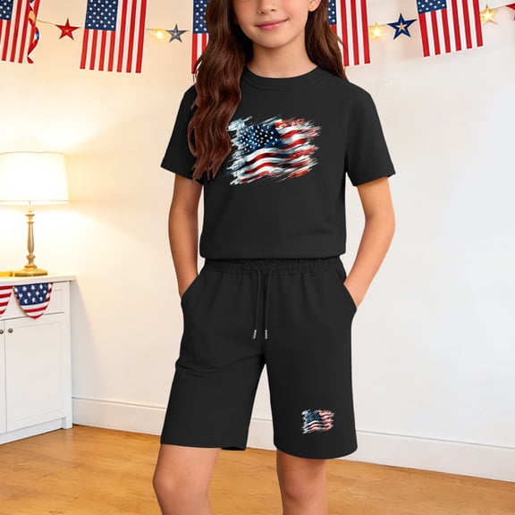 ITSAME 4th of July Girls Outfit Sets American Flag Print Cotton T-Shirt and Shorts Casual Clothes 2-Piece Black Size 13