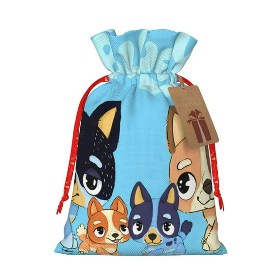 Masiiu Bluey Print Christmas Gift Bag, Burlap Drawstring Pouch with Kraft Paper Card for Holiday, Party, and Birthday Wrapping-Small