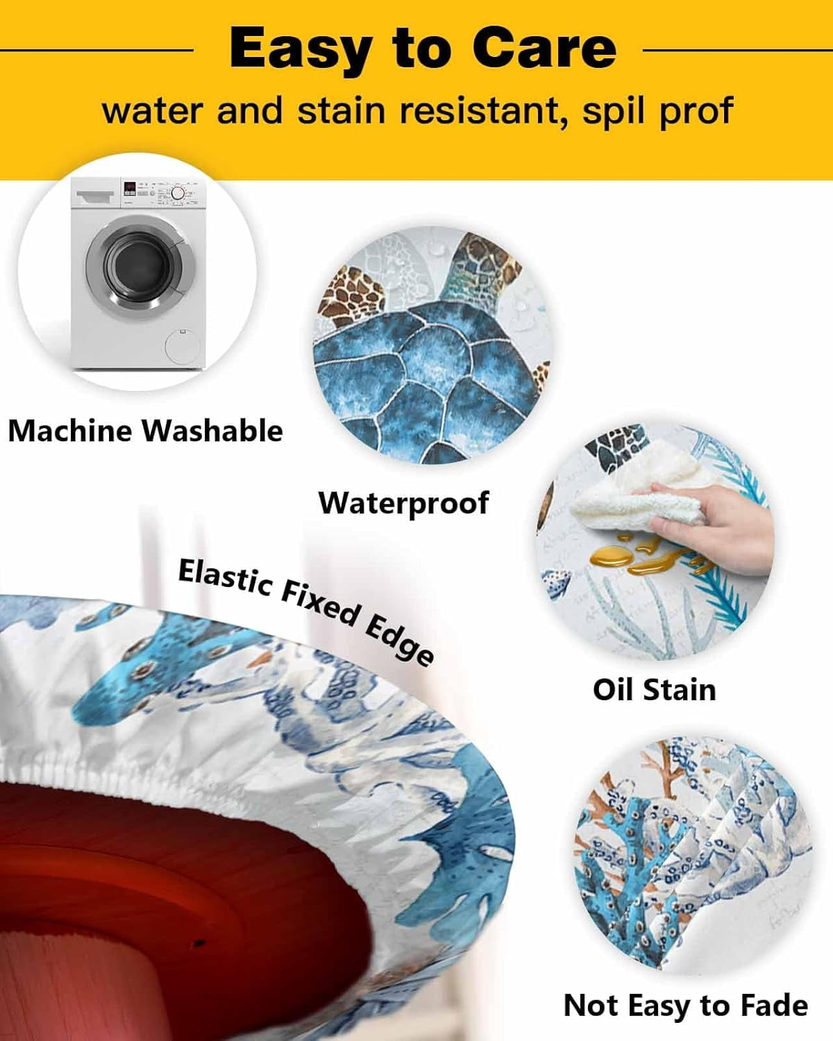 Sea Turtle Round Tablecloth Fitted Table Cover,Elastic Tablecloths Waterproof Outdoor Indoor Stretch Cloth Tablecover for Dinner,Party,Shower,Nautical Coastal Summer Beach Ocean Animals Blue 36-44IN
