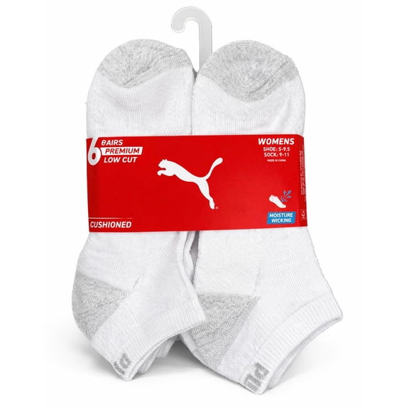 PUMA SOCKS WOMEN'S - LOW CUT 263 - FAYE - WHITE GREY - SHOE SZ 5-9.5 -PACK 6
