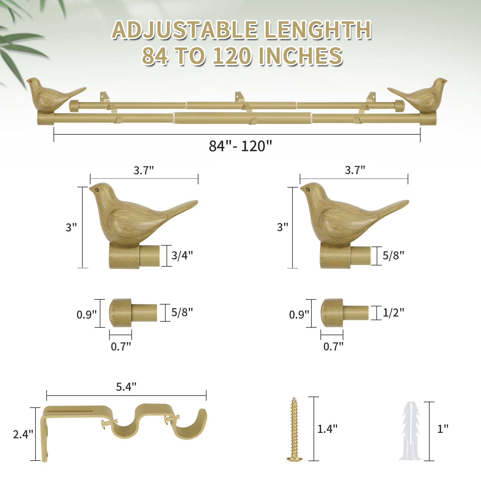 MERIVILLE 3/4-Inch Front & 5/8-Inch Back Double Curtain Rod Set, Farmhouse Bird Finials, 84"-120", Cottage Finish