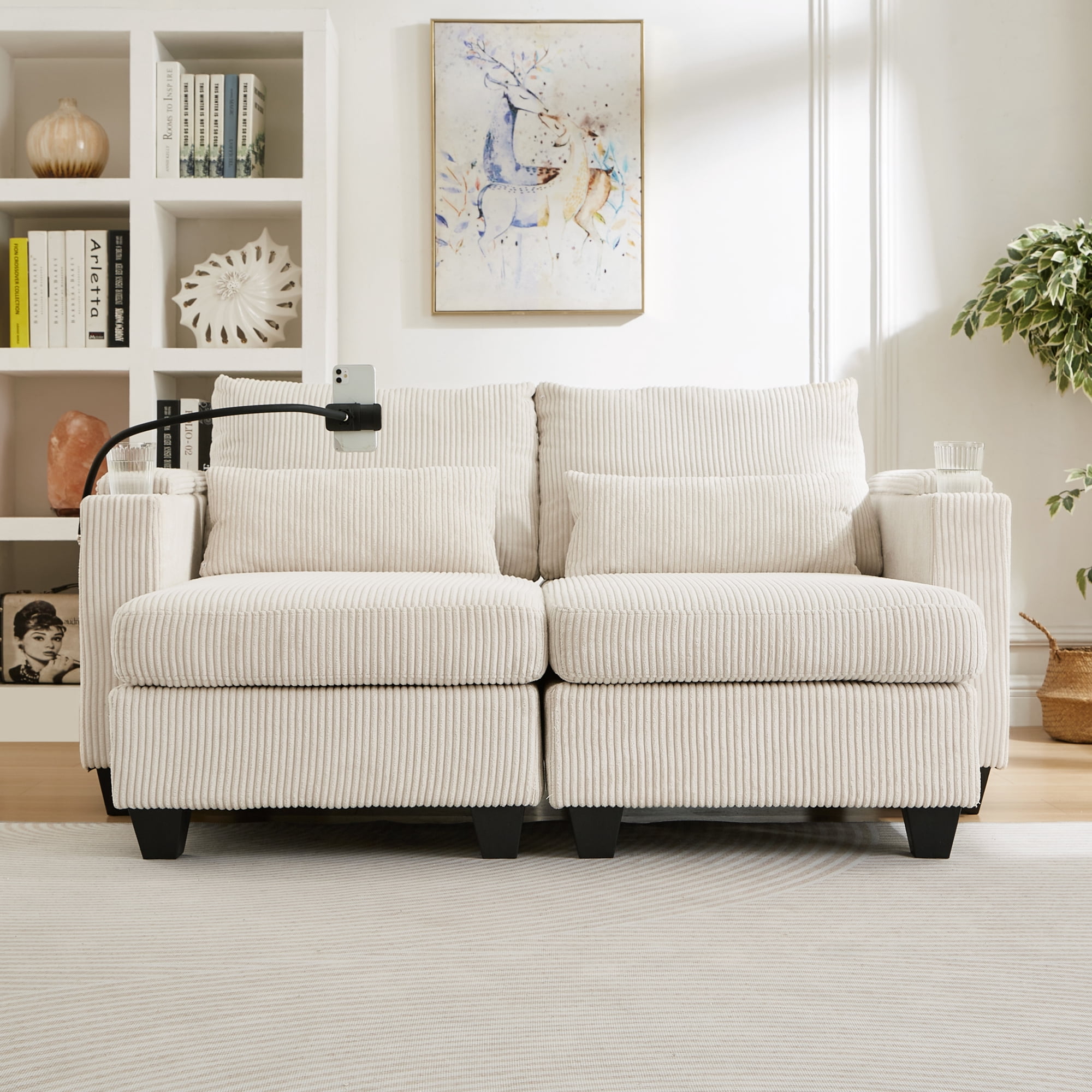 Euroco Convertible Chaise Lounge 63" Loveseat Sofa Sofa Bed Corduroy Sleeper Sofa with USB Ports , Two Cup Holders, A Phone Holder and Ample Storage Space for Living Room and Bedroom, Beige