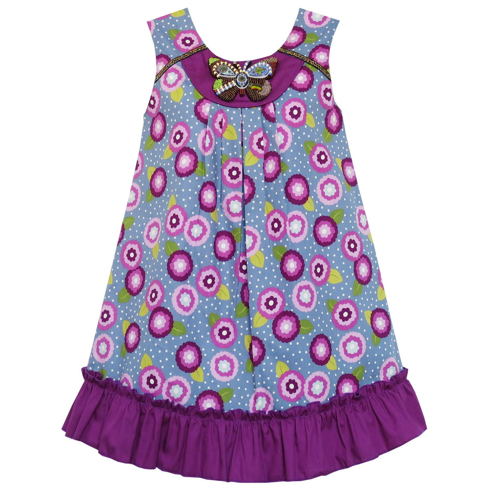 Sunny Fashion - Girls Dress Cotton Floral Print Beaded Butterfly Purple ...