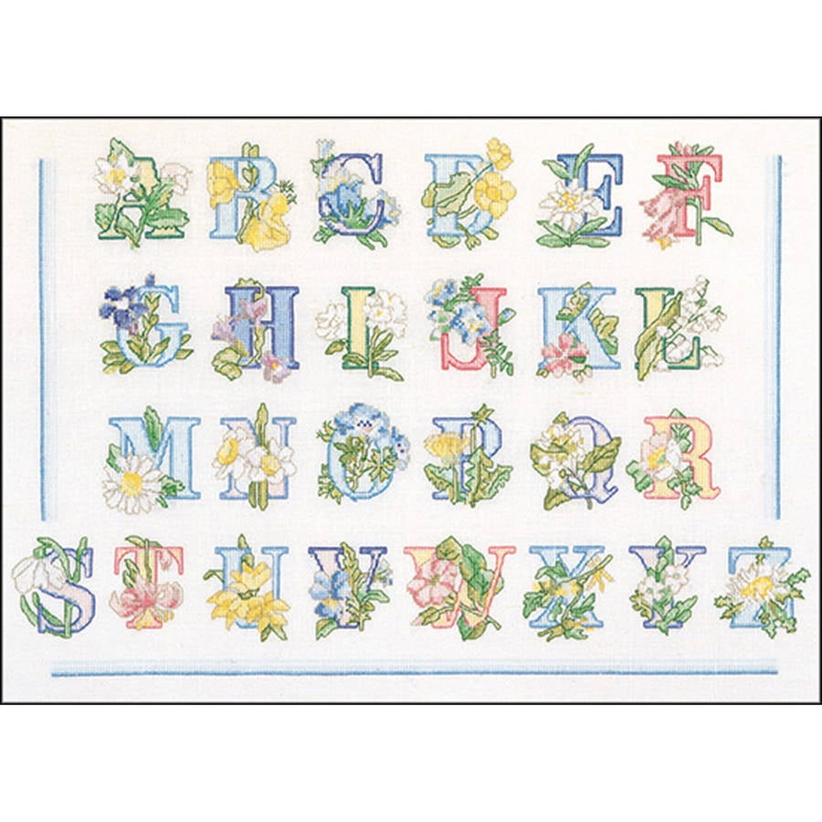 Floral Alphabet On Aida Counted Cross Stitch Kit, 12.5" x 16.5", 18