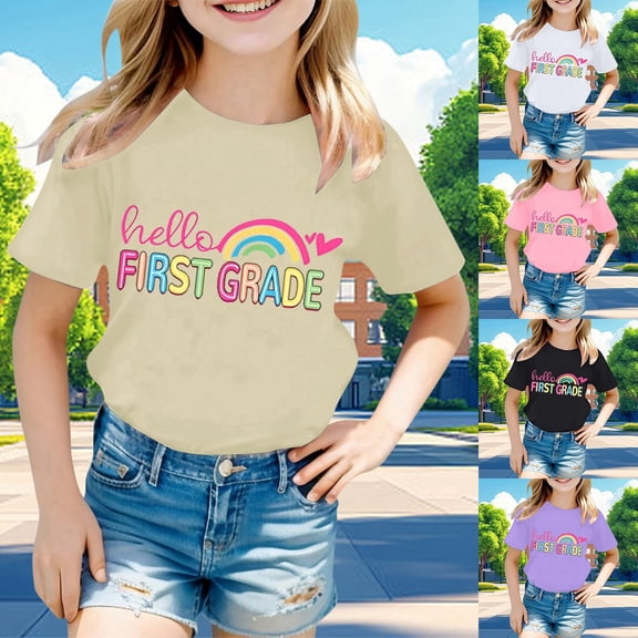 ibiyuan First Day Of School Clothes for Girls Short Sleeve Tshirts Back To School Shirt for Teen Girls Kids T-Shirt Letter Print Tees Top Loose Fit Happy Kindergarten 1st Grade
