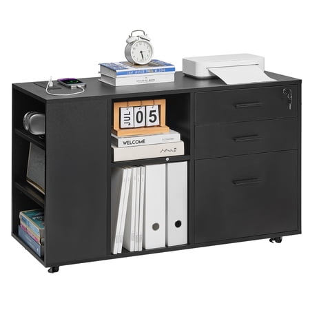 VEVOR 3 Drawer Wooden File Cabinet,Mobile Filing Cabinet with Power Strip, Lockable Rolling File Storage with Adjustable Shelves & 5 Wheels,Floor Standing Printer Stand for Home Office School, Black
