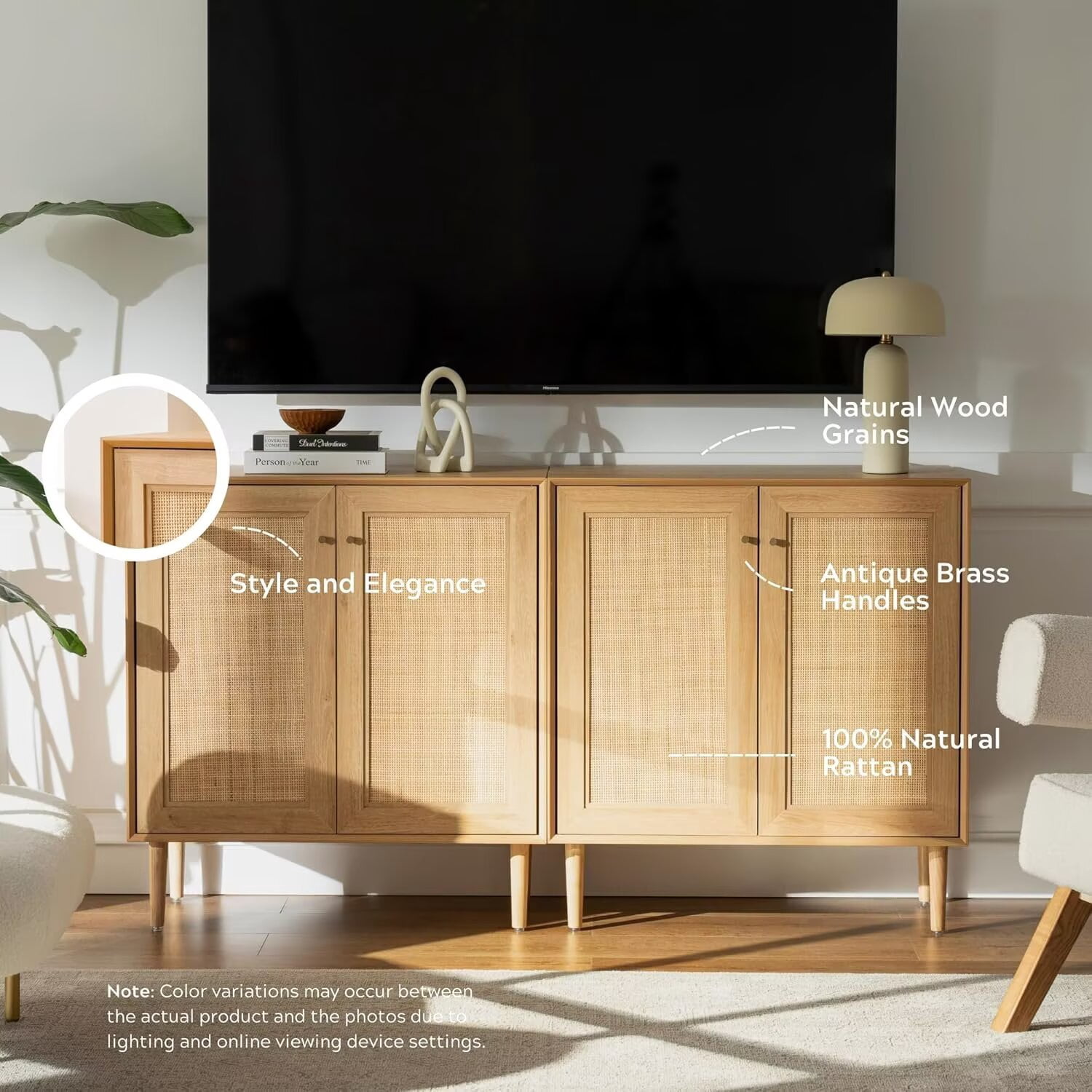 EYYTHUNG Storage Cabinet Set of 3 with Rattan Doors, Farmhouse Sideboard Cabinet Accent, Natural Oak