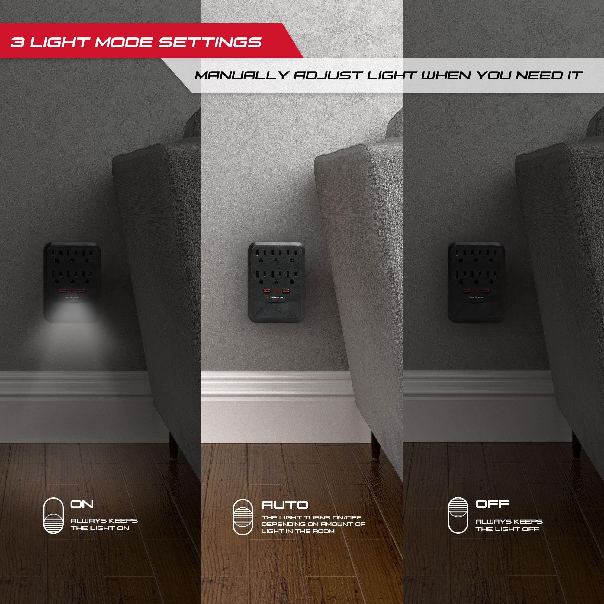 Monster Wall Tap Surge Protector, 6 Grounded Outlets & 2 USB Ports