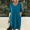 thumbnail image 5 of Women's Linen Summer Casual Short Sleeve Dress Crew Neck A-Line Silhouette Knee Length Tunic Dress with Pockets Loose Fit Flowy Swing Dress for Daily Office Beach Vacation, 5 of 8