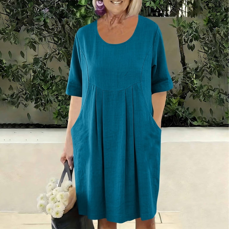 ZVAVZ Women Summer Dresses with Pockets Short Knee Length Short Sleeve Dress  Cozy Breathable Lounge Dress for Elderly Women Blue,Xxl - Walmart.com