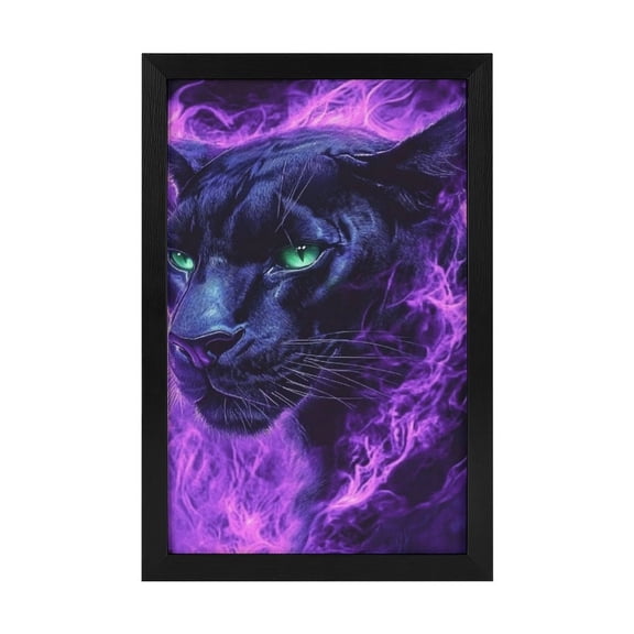 ZFLMY [Purple Flame Black Panther] Wall Art Framed Canvas Poster - [Black] Wood Frame Canvas Painting Wall Decor for Home Bedroom Living Room Decorations