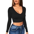 thumbnail image 5 of Tops recortados para mujer, camiseta de manga larga con cuello cuadrado, blusas sexis elegantes con escote pronunciado, blusa ajustada negra talla M, 5 of 5