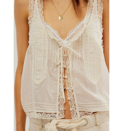 Babydoll Tops For Women  Plus Size Coastal Granddaughter Style Tie-Front Y2K Inspired Sleeveless Blouse Adjustable Lace-Up Boho Camisole Women Machine-Washable Western White