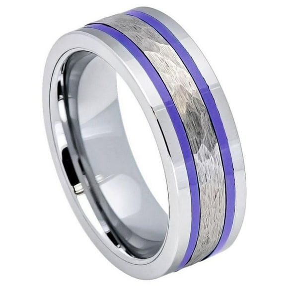 Custom Personalized Engraving Wedding Band Ring Set for Him & Her - 8mm Pipe-Cut Hammered Center with Two Blue Hue/Bluish Trims Shiny Edges