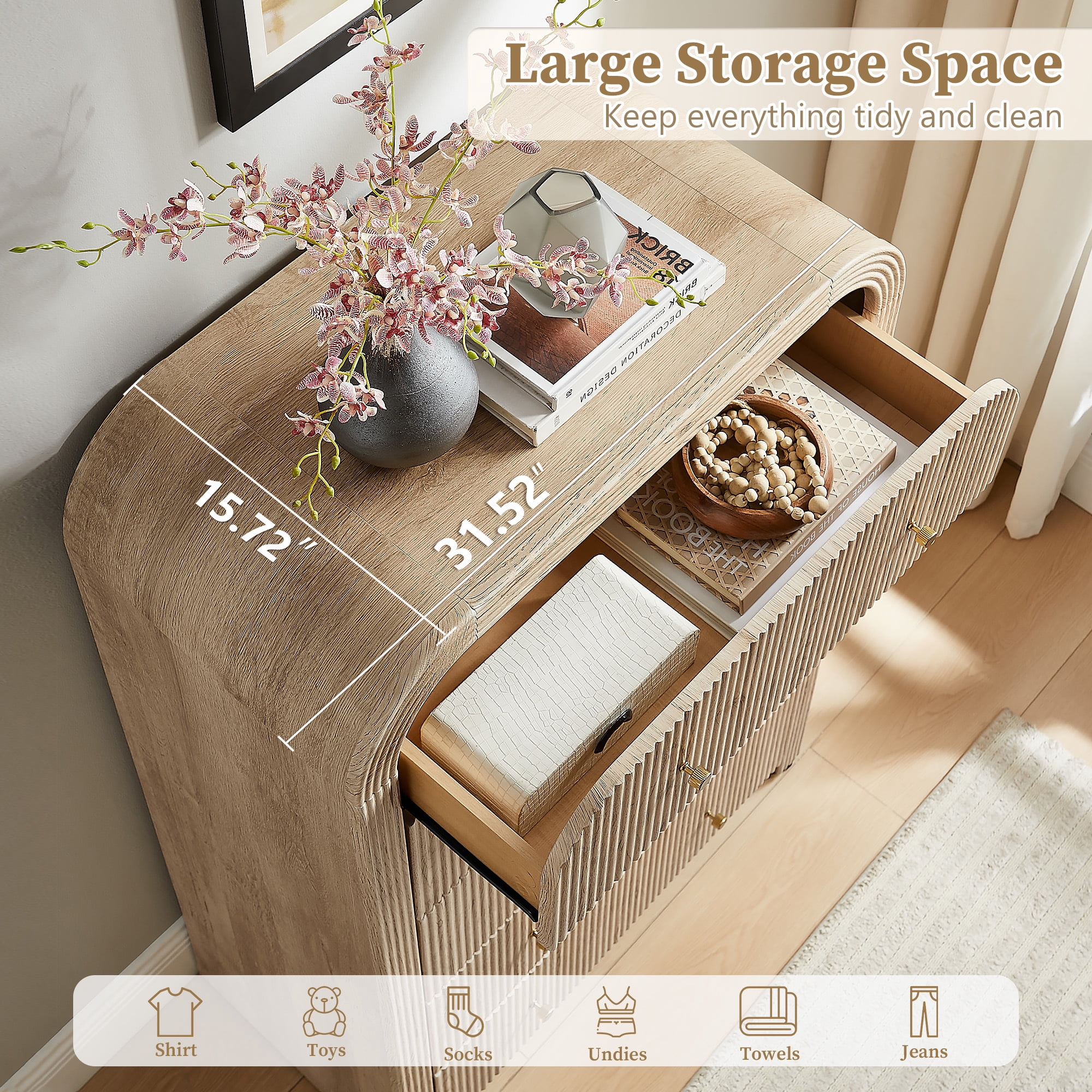KeyWhat Modern 5-Drawer Dresser, 48" Fluted Tall Chest of Drawers with Curved Profile and Metal Handles, Wood Storage Cabinet for Bedroom, Living Room and Hallway, Natural Oak