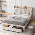 thumbnail image 1 of Bingirl Queen Size Linen Upholstered Bed Frame with Storage Headboard Drawer and Charging Station. Platform Bed without the Need for a Box Spring, Beige, 1 of 8