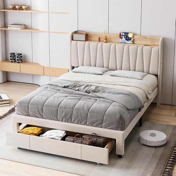 Eastvita Queen Size Bed Frame with Storage Headboard - Upholstered Platform Bed with Drawers/Charging Station/Noise-Free/No Box Spring Needed/Easy Assembly/Beige