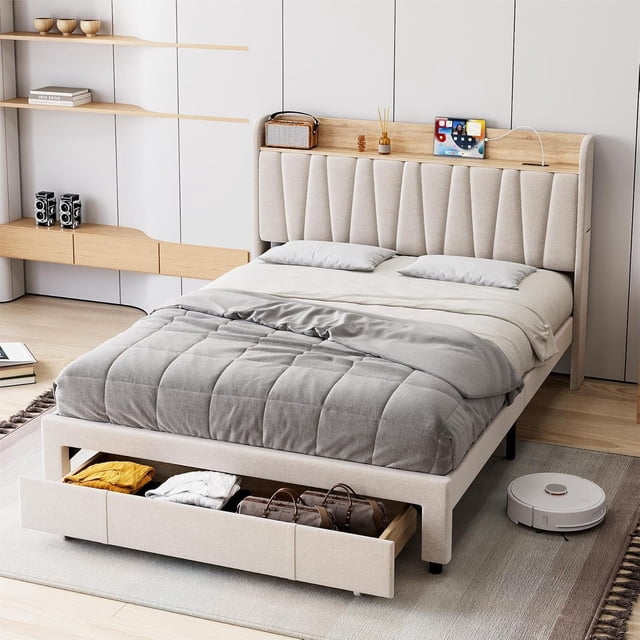 Bingirl Queen Size Linen Upholstered Bed Frame with Storage Headboard Drawer and Charging Station. Platform Bed without the Need for a Box Spring, Beige