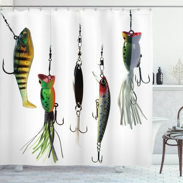 Fishing Decor Shower Curtain, Various Type of Fishing Baits Hobby