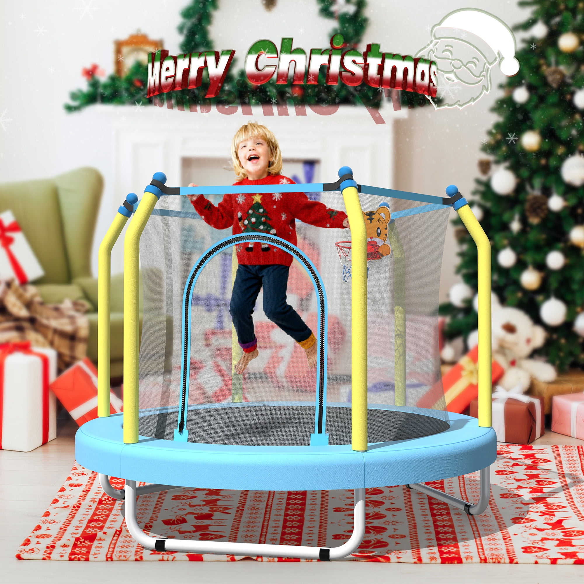 55" Trampoline with Enclosure for Kids, SEGMART Indoor Outdoor Toddler Trampoline with Basketball, Indoor Outdoor Kids Trampoline with Basketball Hoop, Small Round Trampoline for Boys Girls