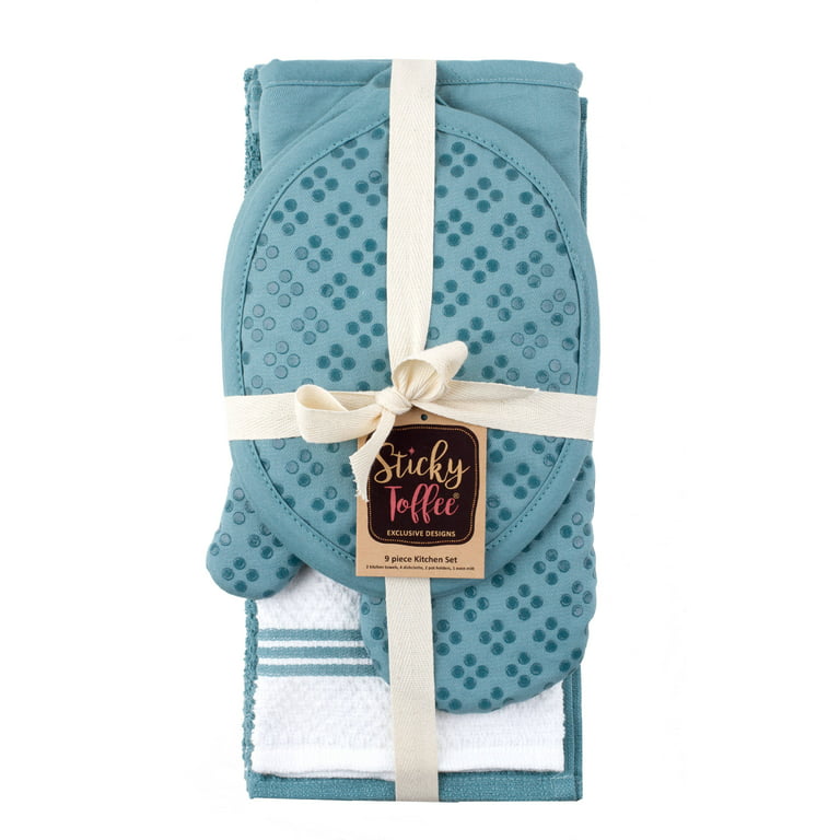 Sticky Toffee Printed Silicone Oven Mitt and Pot Holders, 100% Cotton, 3 Piece Set, Blue