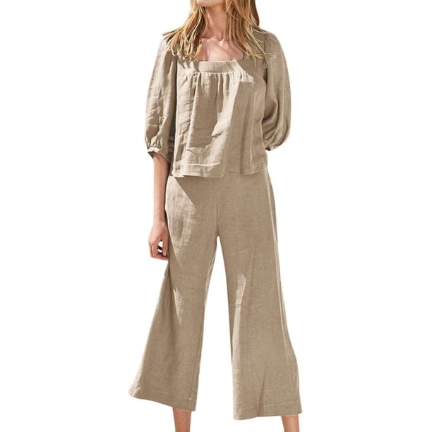 Conjunto de traje de pantalón largo informal con cuello cuadrado y manga tres cuartos de color liso para mujer Pompotops qwe25082